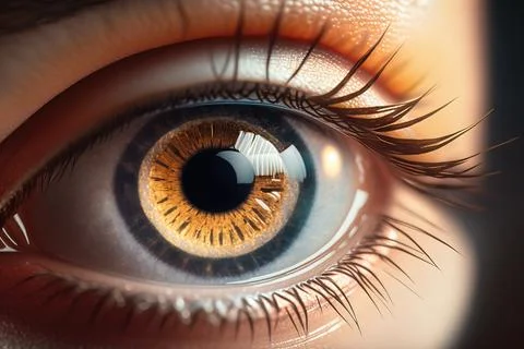 A close up of a person's eye with a yellow iris and long eyelashes highly d.. Illustrazione stock
