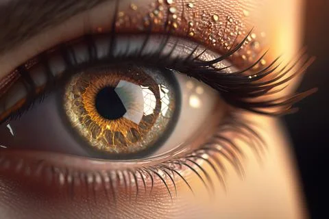 A close up of a person's eye with a yellow iris and brown and white eyeline.. Illustration