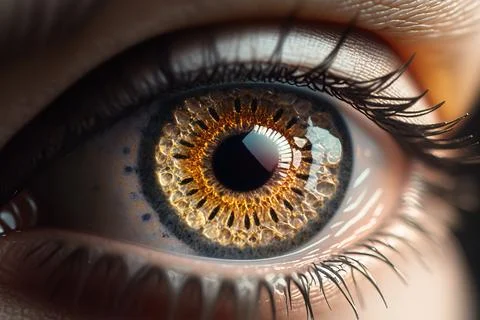 A close up of a person's eye with a yellow iris and black iris highly detai.. Illustrazione stock