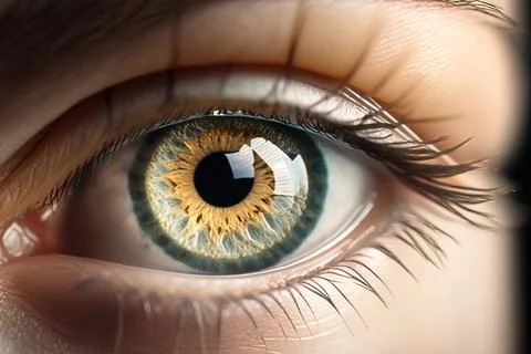 A close up of a person's eye with a yellow iris and black iris realistic ey.. Illustration