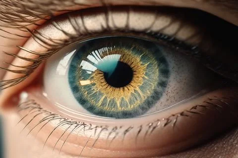 A close up of a person's eye with a yellow iris and blue iris realistic eye.. Stock Illustration