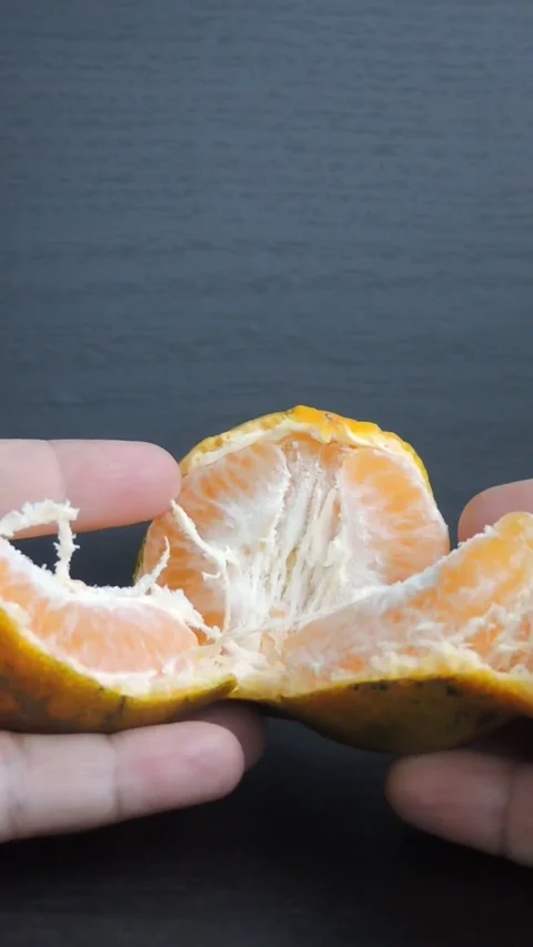 Close up of a person's hand peeling the skin of an orange Stock Footage 284909487