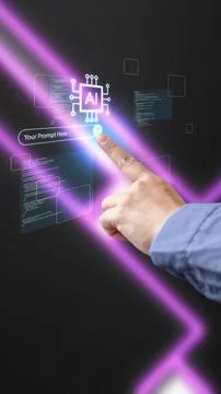 A close-up of a person's hand pressing a virtual button on a futuristic AI .. Stock Photos