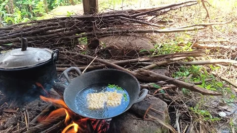 Close up of a person's hand putting instant noodles into a boiling Stock Footage 335019512
