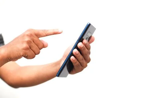 Close up of a Person's Hand Using a Smartphone With a White Background Stock Photos