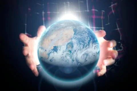 Close up person's hands holding lighten planet earth, space concept. Elements Фото
