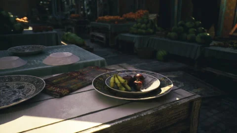 Close perspective of fruit serving on ceramic ware with dramatic shadows Stock Footage 329942102