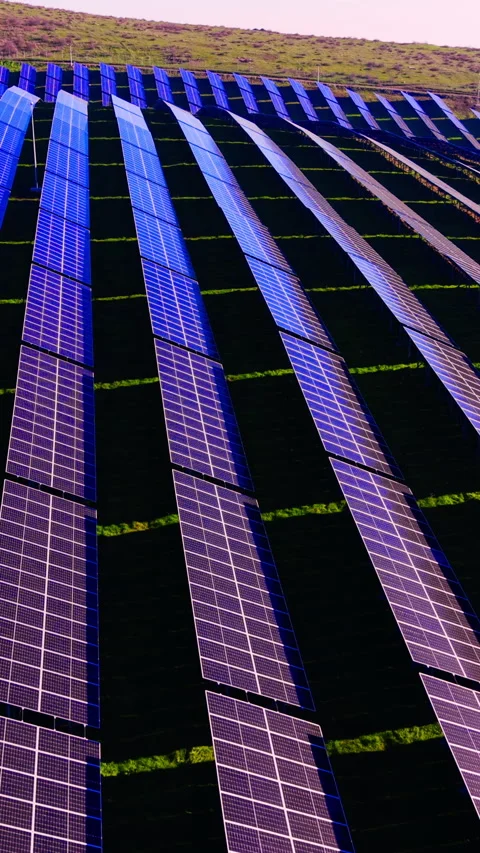 Close up perspective of solar panel rows on grass Vertical video. 動画素材 332346958