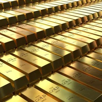 Close Perspective of Stacked Gold Ingots - 3d illustration Stock Illustration