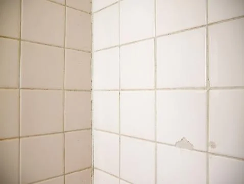 Close-up perspective view of cream beige square ceramic bathroom wall tiles.. Foto stock