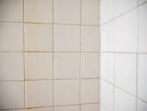 Close-up perspective view of cream beige square ceramic bathroom wall tiles.. Stock Photos