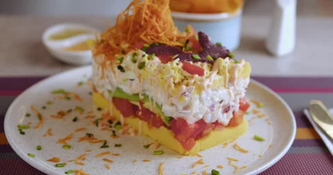 Close-Up of Peruvian Causa – Culinary Stock Footage Vidéo 290999025