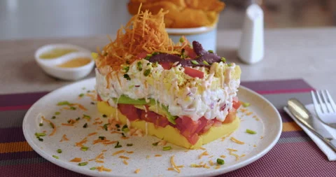 Close-Up of Peruvian Causa – Culinary Stock Footage Stock Footage 290999123