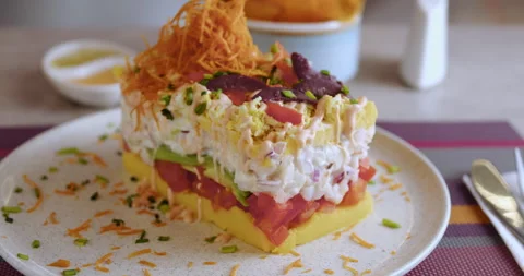Close-Up of Peruvian Causa – Culinary Stock Footage Stock Footage 290999137