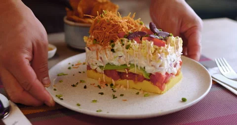 Close-Up of Peruvian Causa – Culinary Stock Footage Stock Footage 290999284