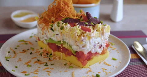 Close-Up of Peruvian Causa – Culinary Stock Footage Stock Footage 290999337