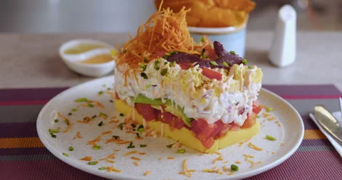 Close-Up of Peruvian Causa – Culinary Stock Footage Stock Footage 290999344