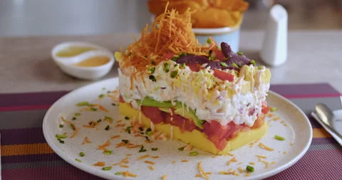 Close-Up of Peruvian Causa – Culinary Stock Footage Stock Footage 290999367