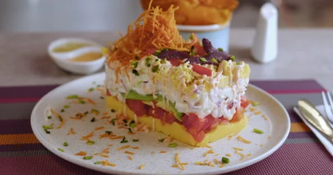 Close-Up of Peruvian Causa – Culinary Stock Footage Stock Footage 290999409