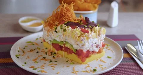 Close-Up of Peruvian Causa – Culinary Stock Footage Stock Footage 290999415