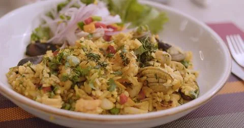 Close-Up of Peruvian Seafood Rice – High-Definition Culinary Photo Stock Photos