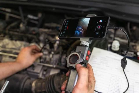 Close phone inspection setup in engine compartment with stabilizer grip Stock-Fotos