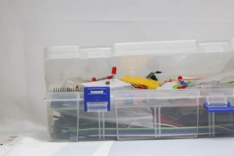 Close up photo of a component box containing many kinds of electronic compone Stock Photos