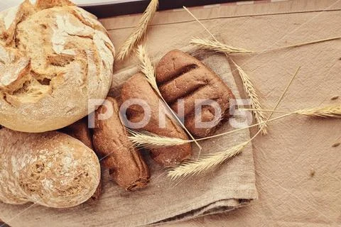 Close-up photo of freshly baked bread products. Stock Photos