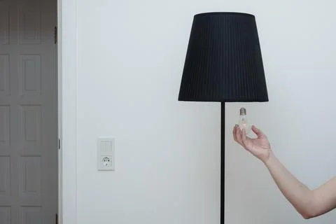Close-up photo of A hand changes a light bulb in a stylish loft lamp from the Stock Photos