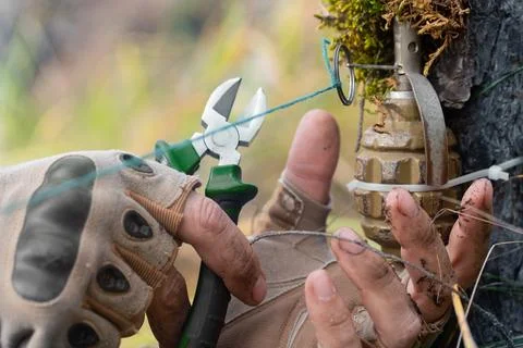 Close-up photo - a sapper clears a booby trap. The wire cutters cutting the w Stock Photos