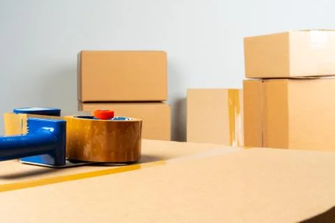 Close up photo of a stack of moving boxes Stock Photos