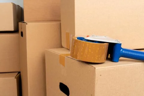 Close up photo of a stack of moving boxes Stock Photos