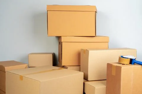 Close up photo of a stack of moving boxes Stock Photos