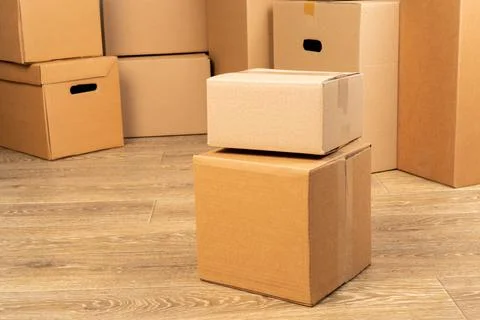 Close up photo of a stack of moving boxes Foto stock