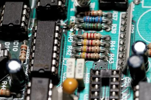 Close up photo of various electronic components Stock Photos