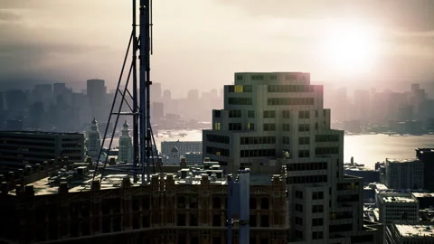 Close photograph highlighting architecture and atmosphere of busy urban skyline Stock Footage 339631038