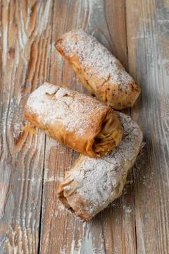 Close up of phyllo apple strudel with nuts and cinnamon Stock Photos