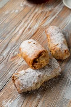 Close up of phyllo apple strudel with nuts and cinnamon Stock Photos