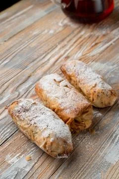 Close up of phyllo apple strudel with nuts and cinnamon Stock Photos