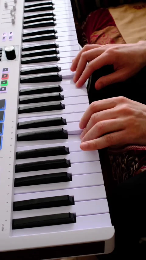Close-Up Piano Practice on MIDI Keyboard Fast Finger Exercises Stock Footage 331908595