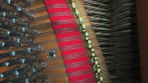 Close-up of piano strings and tuning pins being played Stock Footage 313996876