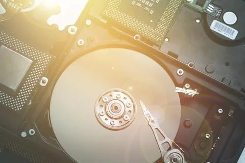 Close up picture of computer hard drive, used in cloud computing. Sunlight Foto stock