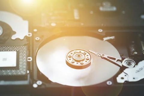 Close up picture of computer hard drive, used in cloud computing. Sunlight Stockfoto's