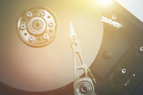 Close up picture of computer hard drive, used in cloud computing. Sunlight Foto stock