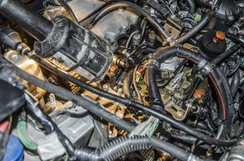 Close picture at old engine, with many elements and great details Stock Photos