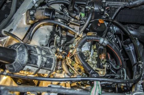 Close picture at old engine, with many elements and great details Stock Photos