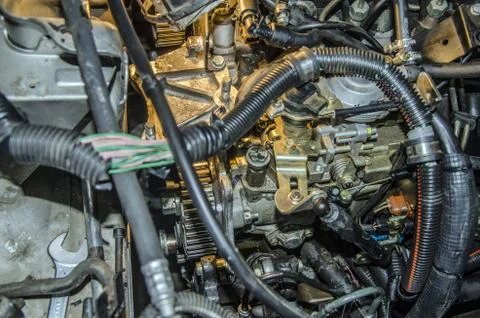 Close picture at old engine, with many elements and great details Stock Photos