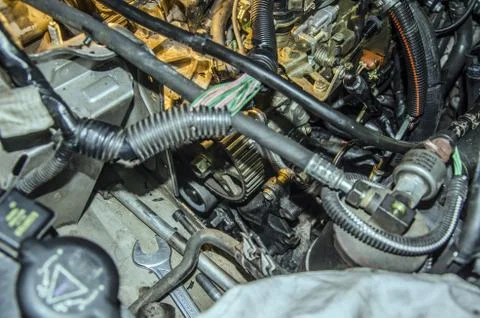 Close picture at old engine, with many elements and great details Stock Photos