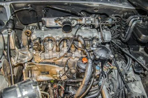 Close picture at old engine, with many elements and great details Stock Photos
