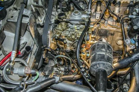 Close picture at old engine, with many elements and great details Stock Photos